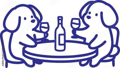 Two people sitting at a table with wine and glasses