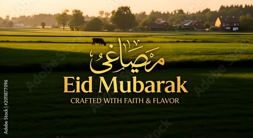 Eid Mubarak greeting card with serene landscape background