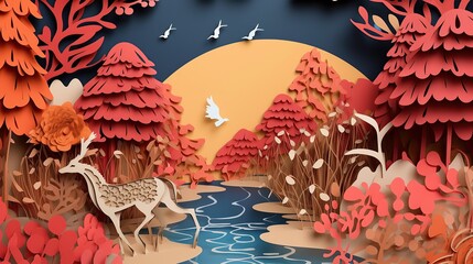 Papier peint photo Corail Papercut landscape featuring a deer, birds, and a river under an orange sky  © QIAS_std