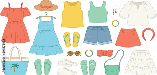 Bild auf Leinwand Collection of women's summer vacation clothing and accessories icons isolated on