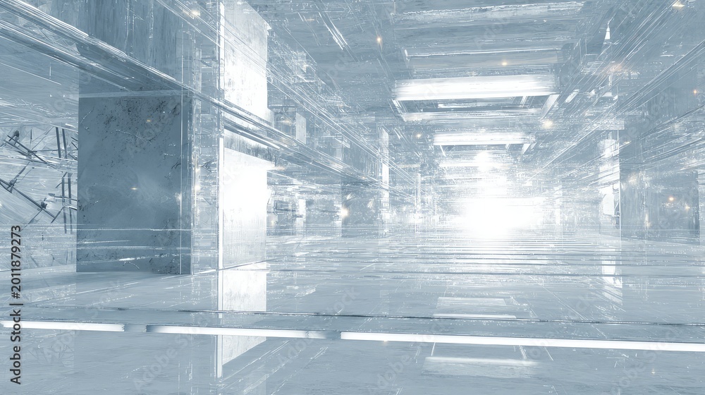 Fototapeta premium Abstract interior of a modern technology corridor, featuring clear glass panels, complex structures, and bright central lighting, creating a sense of digital space and future design