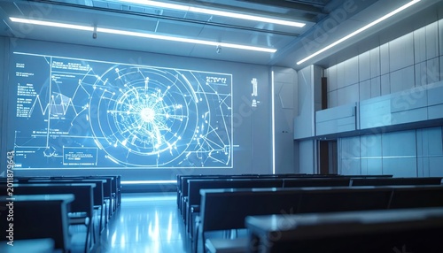 Futuristic Empty Lecture Hall Displaying Digital Data Diagram on Large Screen