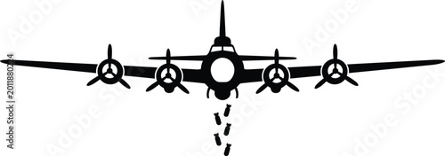 A large bomber airplane drops bombs while flying overhead in the sky