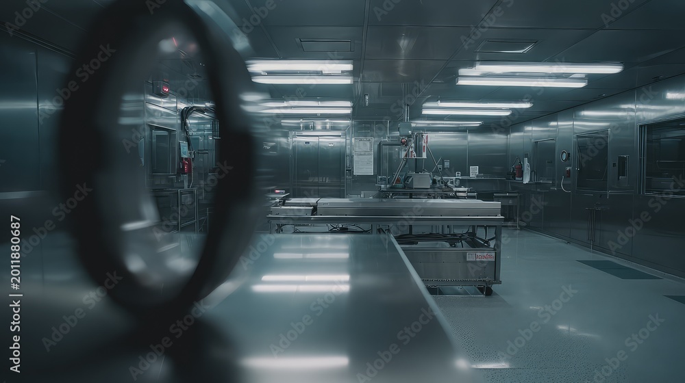 Obraz premium Sterile cleanroom environment with stainless steel surfaces and specialized equipment, ensuring precision and control for pharmaceutical, biotechnology, and advanced manufacturing processes
