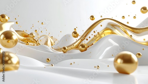 Golden orbs float on flowing white fabric, creating an elegant, abstract scene