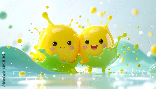 Two smiling, cartoon, lemon-like figures splash in a colorful, fluid environment