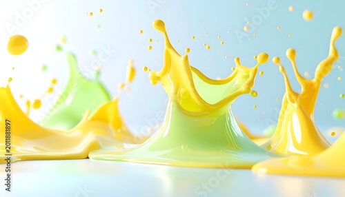 Vibrant splashes of yellow and green liquid collide in a dynamic, abstract display