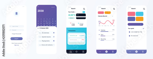 Mobile application interface collection. Modern dashboard and analytics screen templates. User experience and business management concept. Clean technology design system.