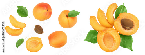 apricot fruit with half and slices isolated on white background. Clipping path. Top view. Flat lay