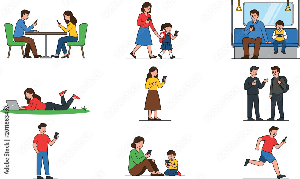 Fototapeta premium Family and Individual Lifestyle Vector Set Featuring People Using Mobile Phones, Walking, Sitting, and Running for Modern Communication, Daily Life, and Family Illustrations.