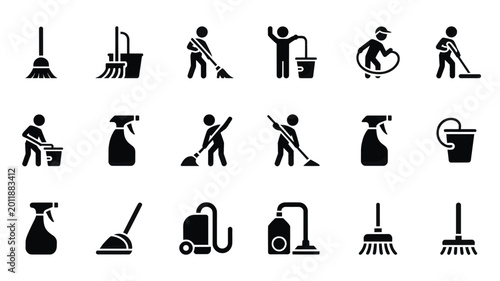 Set of 18 Black Cleaning and Housekeeping Icons Vector