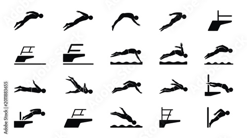 Bild auf Leinwand Set of 20 Black Diving Silhouettes Vector Icons