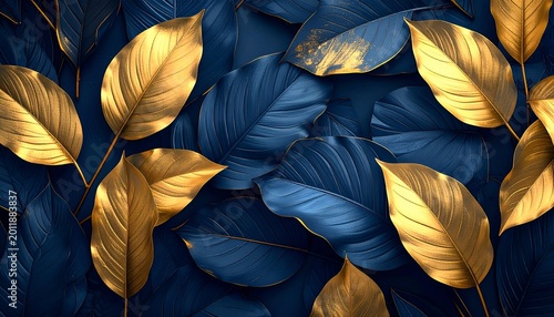 Gold & dark blue leaves textured pattern backdrop