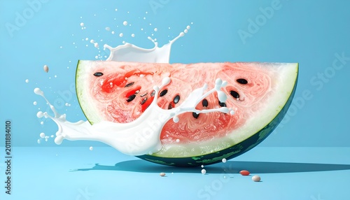 Watermelon slice with milk splash, light blue background, bright studio shot