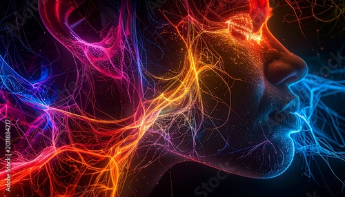 Glowing face profile with vibrant, neuron-like streams of color