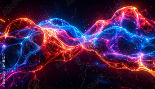 Abstract vibrant network of interconnected, glowing lines in blue and orange