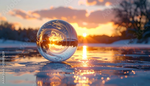 Crystal ball on frozen lake reflects sunset sky