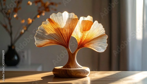 Wooden ginkgo sculpture, warm light casting shadows, blurred background decor