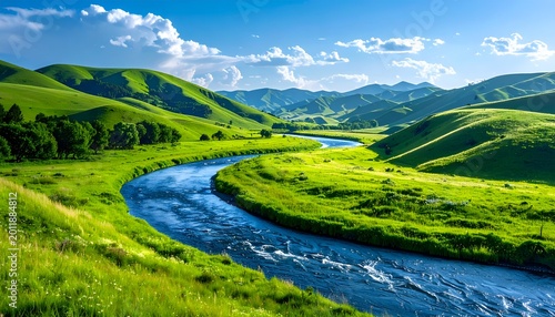 Winding river flows through verdant hills under a bright, partly cloudy sky
