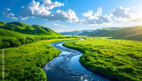 Green river winds through valley with grassy hills under a sunny, cloudy sky