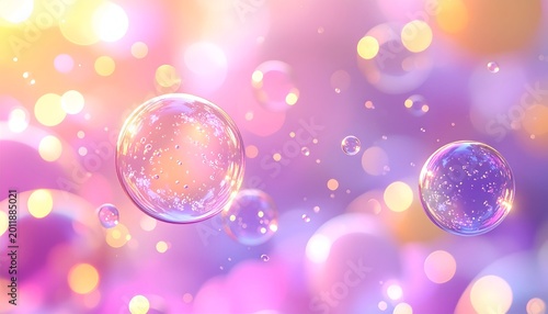 Floating bubbles with soft pink, purple, and yellow bokeh background