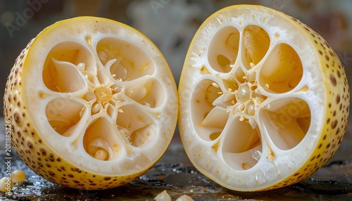 Sliced citrus fruit, unique interior structure, with speckled yellow rind