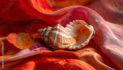Seashell rests on flowing fabric in vibrant reds, oranges, and pinks