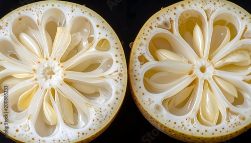 Sliced lemons show the floral pattern of segments and seeds
