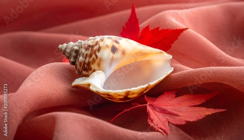 Seashell resting on red fabric with fall leaves, natural warm colors abounding