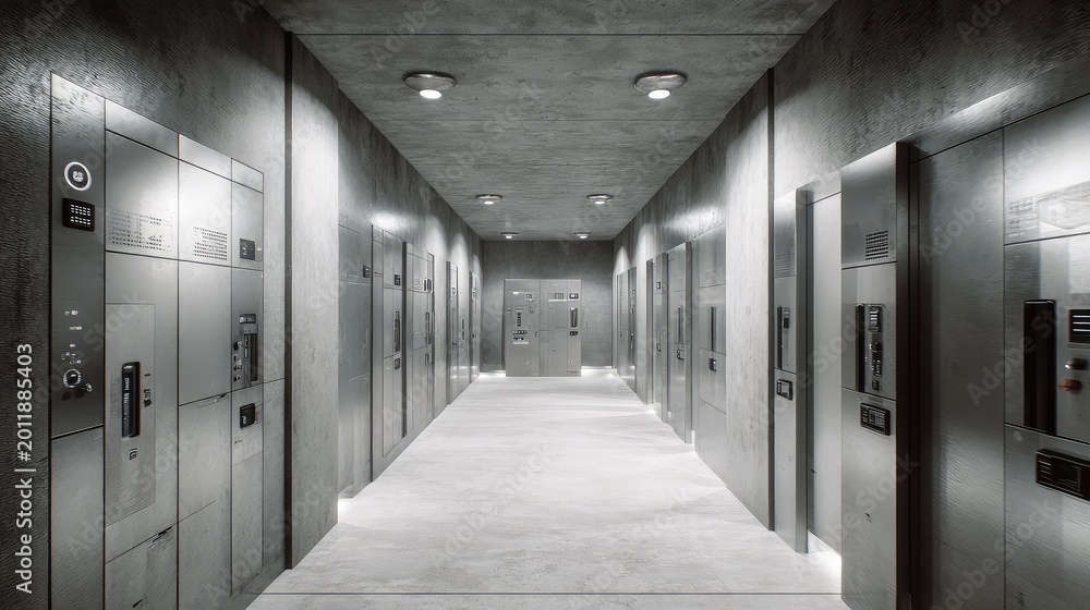 Fototapeta premium Long concrete hallway with symmetrical metallic doors and panels, sterile brutalist interior evoking a futuristic, high tech underground facility, sealed and minimal