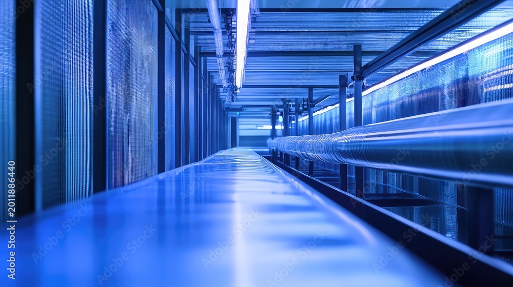 Fototapeta premium Blue lit industrial interior featuring a system of pipelines and reflective surfaces, conveying concepts of modern infrastructure, advanced technology, manufacturing, and efficient logistics