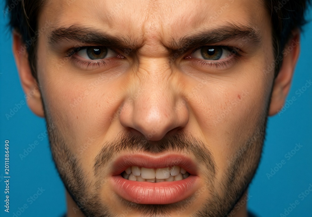 Fototapeta premium Close up of angry man with aggressive facial expression and bared teeth
