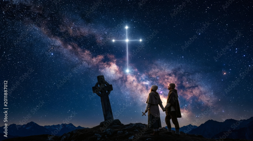 Fototapeta premium Cross constellation shining brightly in starry night sky symbolizing Christian faith and cosmic spirituality