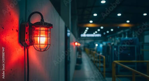 Industrial warehouse lighting close up of a guarded red light fixture