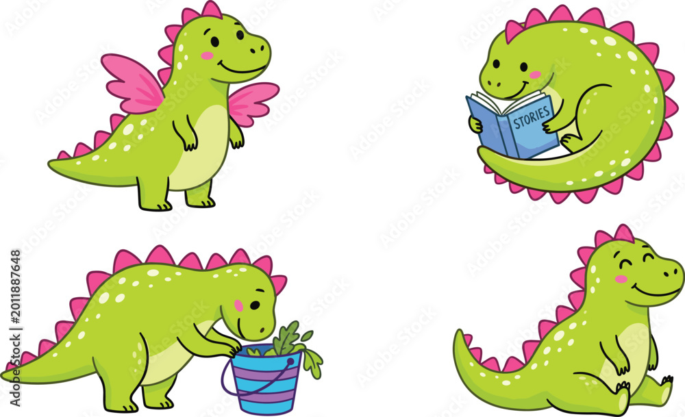 Fototapeta premium Cute Green Baby Dragon Character Set Reading a Book, Eating, and Flying for Kids Education, Literacy Programs, Fantasy Storybooks, and Nursery Wall Art Designs