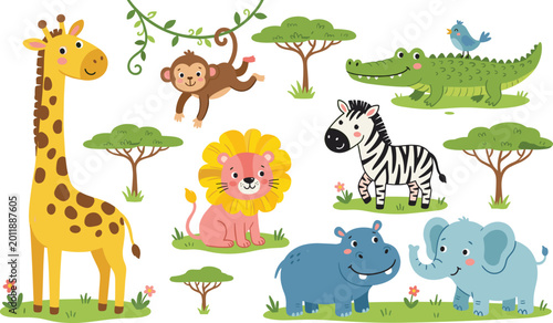 Photography Large African Safari Animals Cartoon Set Featuring Cute Giraffe, Lion, Elephant,