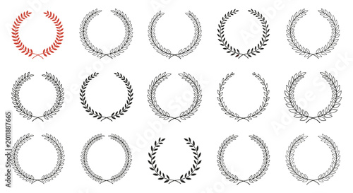 Diverse set of laurel wreaths and foliate borders in various styles and densities for heraldic emblems awards and decorative framing needs.