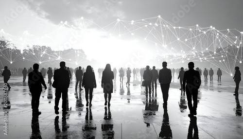 Silhouetted people, networked connections over them, on shiny surface