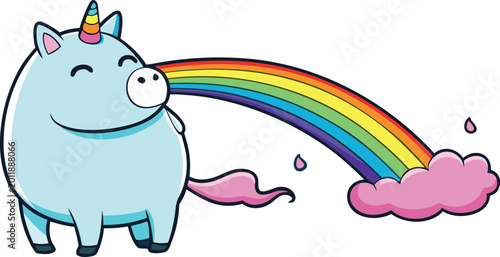 Tableau sur toile Cute cartoon unicorn spitting rainbow onto pink clouds isolated on transparent background with confetti