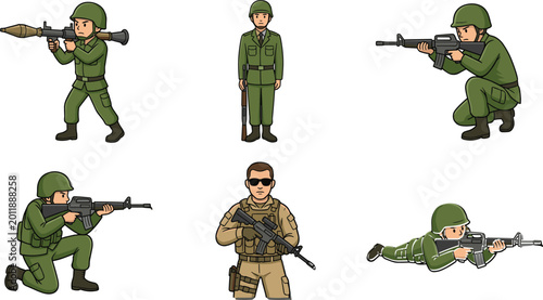Tableau sur toile Military Soldier Vector Set with Armed Troops in Combat Poses Including Rifles, Bazooka, and Camo Uniforms for Military, Action, and Educational Illustrations