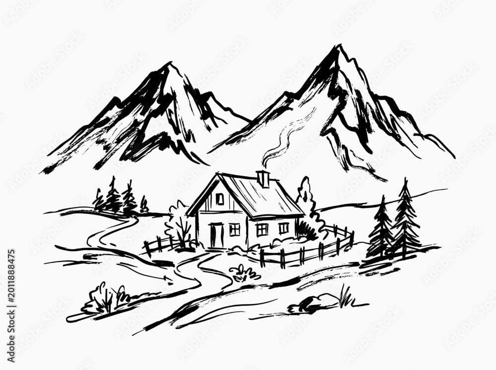 Fototapeta premium Rural house and mountain landscape, minimalist brush line art, rustic cottage, serene nature, ink illustration