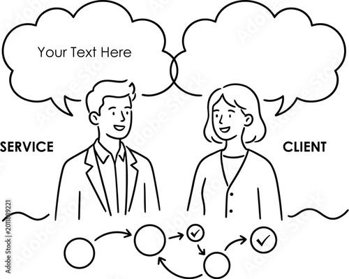 Line drawing of business people in a meeting with thought bubbles business discussion placeholder