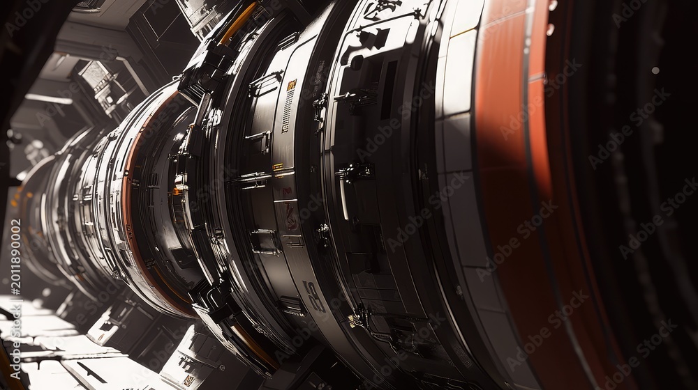 Fototapeta premium Futuristic spacecraft interior with a long, cylindrical engine conduit, showcasing advanced engineering, technology, and intricate metallic structures, illuminated by bright light