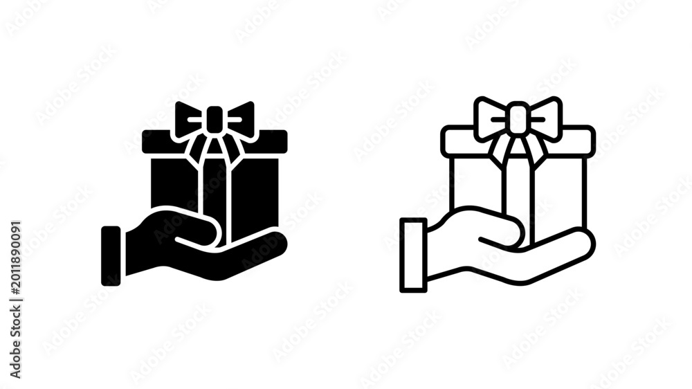 Fototapeta premium Hand holding gift glyph outline icon. Giving present gesture. Used for charity and celebration. Event and commerce.