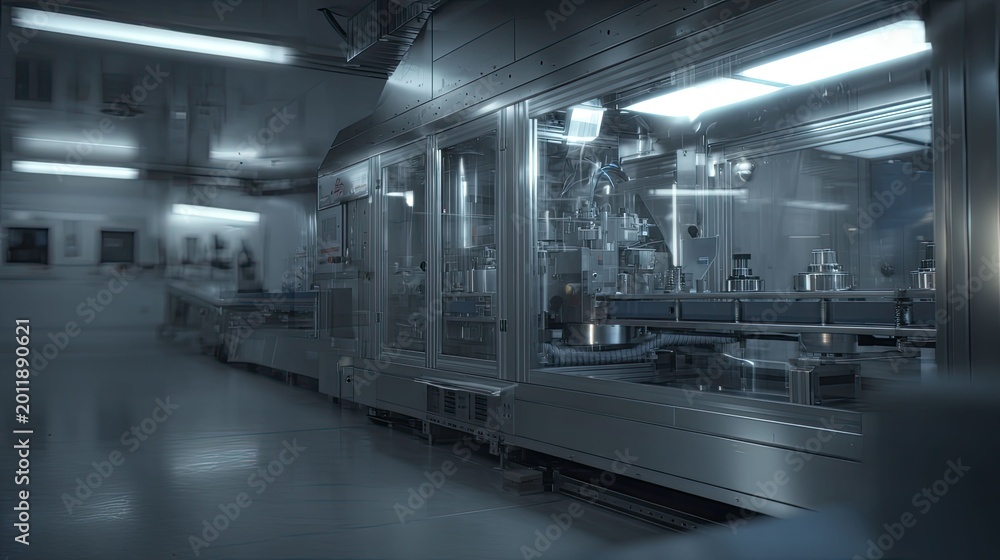 Naklejka premium Industrial automation machinery working on an assembly line inside a pharmaceutical manufacturing cleanroom, ensuring precise production and sterile conditions
