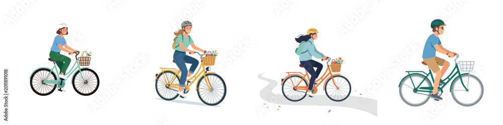 Naklejka premium Flat vector illustration of someone cycling leisurely, minimal dynamic posture, no outline, white background