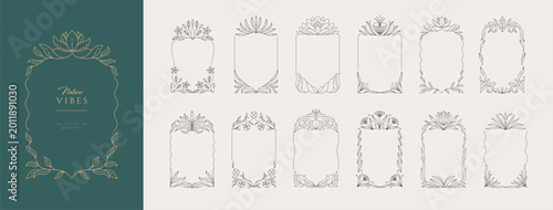 Set of floral boho frames. Delicate botanical branch flowers and leaves, intricate hand drawn details. Botanical vector illustration for invitation, save the date card or book
