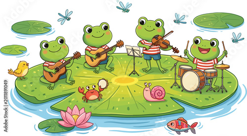 Canvas Print Cute Cartoon Frog Music Band Playing Instruments on Lily Pad with Guitar, Violin