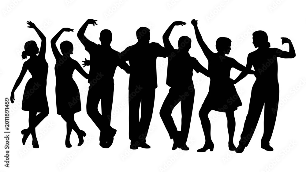 Fototapeta premium Silhouette of diverse people dancing and having fun together with celebration silhouette lifestyle together