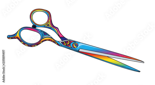 Colorful of a pair of scissors with multicolored handles and blades